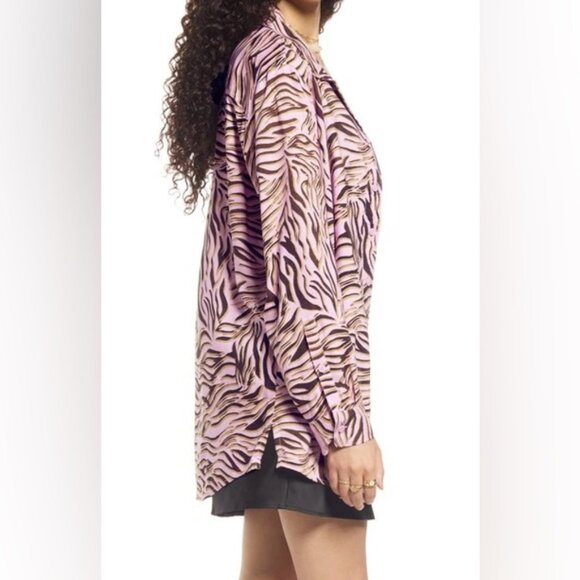 NWT BP. PINK BOUQUET RETRO ZEBRA Button up Collared LS Shirt 100% Rayon Sz XS - Picture 3 of 12